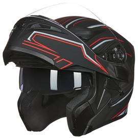 ILM Motorcycle Dual Visor Flip up Modular Full Face Helmet DOT with6 Colors Model 902 (M, Black RED)