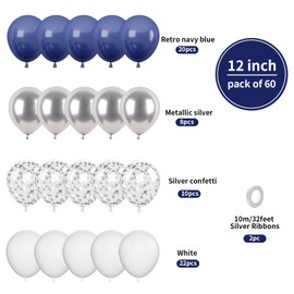 Biapian Navy Blue Silver Balloons, 60PCS Blue Silver White Balloons, 12Inch Metallic Silver Confetti Balloons Dark Blue and Silver Latex Balloons for Birthday Graduation Bridal Baby Shower Party