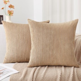 Mecatny Corduroy Decorative Throw Pillow Covers 18x18 Set of 2 for Sofa Bedroom Living Room, Stylish Soft Striped Couch Spring Pillow Covers for Home Decor, Khaki