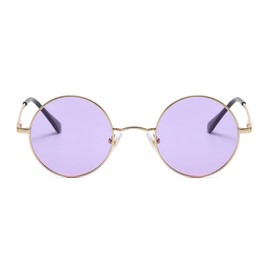 qinqilanqi-S Vintage Runde Sonnenbrille für Damen und Herren, polarisierte Sonnenbrille mit Metallrahmen，Hippie ，UV400 (Gold/Lila)