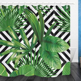 LB Green Leaf Shower Curtain Black and White Striped Shower Curtains Tropical Palm Leaves Bath Curtain Anti Mould Waterproof Polyester Shower Curtain Set with Hooks,71x71 inches