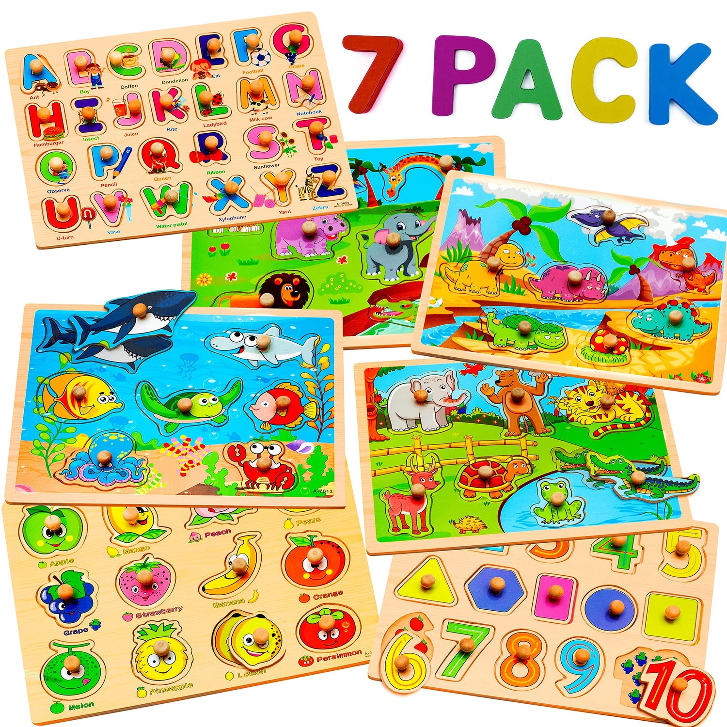 7 Pack Wooden Puzzles for Toddlers 2 3 4 5 Years Old - 7 Colorful ...