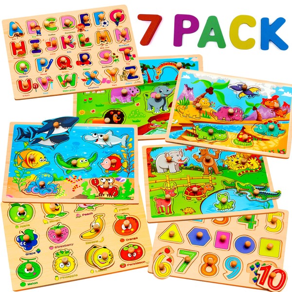 7 Pack Wooden Puzzles for Toddlers 2 3 4 5 Years Old - 7 Colorful Chunky Wood Peg Puzzles for Kids Ages 2-5, Alphabet Shape Numbers Fruits Sea Animals Dinosaur Zoo - Educational Toddler Learning Toys