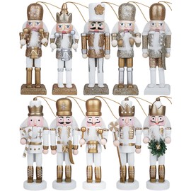 10Pcs Nutcracker Christmas Decor Nutcracker Ornaments for Christmas Tree Wooden Nutcracker Hanging Decorations Gold and Silver Nutcracker Soldiers Glittered Nutcracker Figures 5.2” Xmas Ornament Set