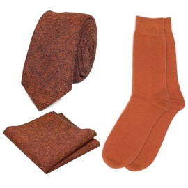 DB Dickie Bow Men's Luxury Wool Neck Tie, Pocket Square and Cotton Sock Matching Set (Rust Burnt Orange) - suitable for formalwear, office, weddings, parties, grooms & groomsmen outfits