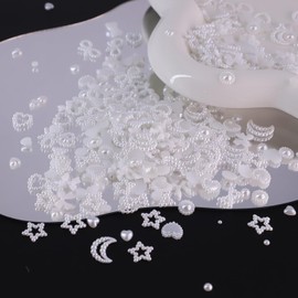 500Pcs 3D Nail Charms Flatback Rhinestones Set,12 Designs Acrylic Nail Charms White Clear AB Flower Heart Bow Star Butterfly Pearl Starry Gems and Cute Charms for DIY Decorations and Nail Design