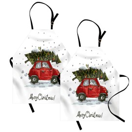 Ambesonne Christmas Apron Pack of 2, Retro Style Car Xmas Tree Vintage Family Style Illustration Snowy Winter Art, Unisex Kitchen Bib with Adjustable Neck, 2 Pcs - Adult Size, Green Vermilion