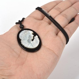 Vintage Style Carved Lady Portrait Flatback Oval Pendant Black Onyx Mother of Pearl Shell Cameo Victorian Lady Face Silhouette Framed Pendant Necklace 22 Inch