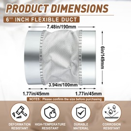 Otoolling 6 Inch Flexible Duct Connector, Round Dryer Vent Connector Galvanized Steel with Waterproof Canvas for Dryers, Range Hoods, HVAC and Other Household Scenarios, Silver, 7.48'' Length