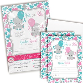 He or She Elephant Gender Reveal Invitations - 20 Fill In Baby Shower Cards with Envelopes - Cute Pink & Teal Heart Theme by AmandaCreation
