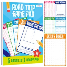 Road Trip Game Pad, 80 Tear-Off Sheets 5 Classic Games in 1 Pad, Dots & Boxes, Tic-tac-Toe, Categories, Plane Travel, Car Trip Activity, Pen Pencil & Paper Game for Kids, Adults (4” x 6”)