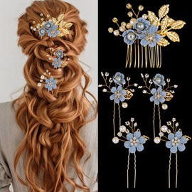 5Pcs Bridal Flower Wedding Hair Pins, Gold Leaf Crystal Pearl Hair Pins Clips Classy Blue Flower Bridal Wedding Side Combs +Floral Pins+Twist Spiral Pearl Pin Vintage Accessories for Brides Bridesmaid