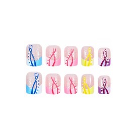 MISUD Summer Press on Nails Short Square Fake Nails Glossy Glue on Nails Colorful French Tip Acrylic Nail Supplies Squoval Artificial Nail Art Bling Glitter Stick on False Nails with Design DIY 24 pcs
