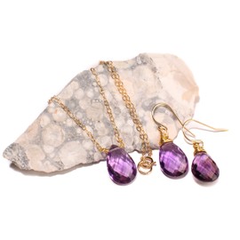 Purple Amethyst 10x15mm AAA Quality Faceted Teardrop Wire Wrapped Pendant and Earrings, Necklace Jewelry Set in 14K Gold Filled (16")