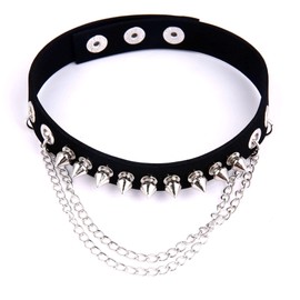 P-Rize Women's Leather Choker, Spiky Studs & Chain, Men's Punk Mine Type, Rock, V-Series, Visual Gothic Costume, Cosplay, Harajuku, Black, Color, Metal
