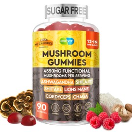 12in1 Mushroom Gummies 4550mg w Ashwagandha Shilajit Lion’s Mane Cordyceps Shiitake Chaga - Complex Mushrooms Supplement for Adults - Energy and Cognitive Focus – Sugar Free - 90 Count (45 servings)