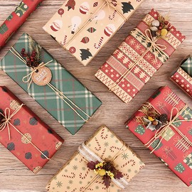 Christmas Kraft Wrapping Paper, Thicken Recycled Gift Wrapping Paper, 20x28 inches per sheet (6 sheets: 23 sq. ft. ttl.), Brown Folded Paper, full of Colorful Christmas Elements for Families, Friends, Kids, Valentines in Christmas