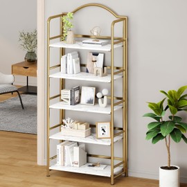No-Assembly Gold Folding Bookshelf Storage Shelves 5 Tiers Vintage Multifunctional Plant Flower Stand Storage Rack Shelves Bookcase for Home Office