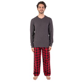 PLATINUM MENSWEAR Men's Soft Waffle-Knit Warm Top with 2 Pocket and Adjustable Drawstring Flannel Plaid Pants Pajama Set (Red Buffalo, Large)