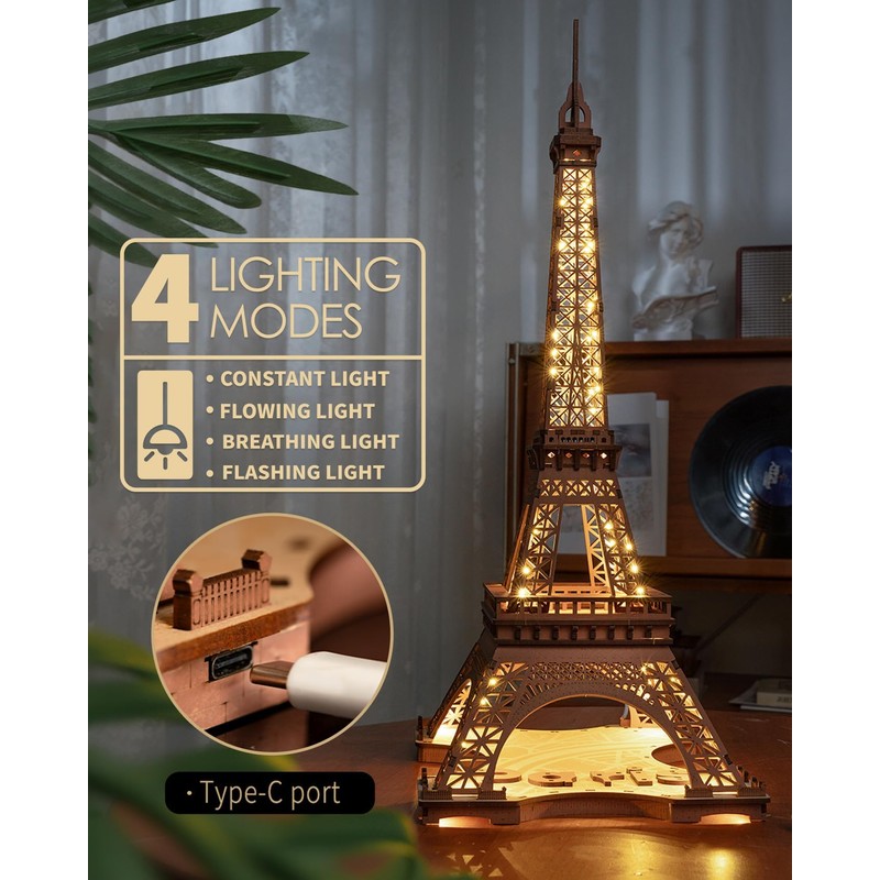 Rolife 3D Wooden Puzzles for Adults, Large Eiffel Tower Set-LED