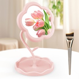Pink Flower Mirror for Desk - Adjustable Desk Mirror Office Cubicle with Jewelry Tray & Foundation Brush, Cute Makeup Mirror with Standing, Home Decor for Bedroom Living Room Dormitory (Pink)