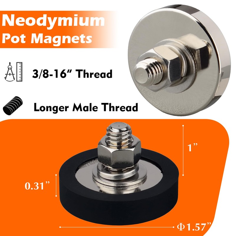 MUTUACTOR 150lb Heavy Duty Neodymium Pot Magnet,Anti-Scratch 3/8-16” Male Thread
