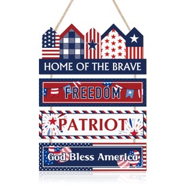 HOURIA Fourth of July American Freedom Patriots Door Sign,Independence Day God Bless America Door Hanger, Vintage Home of The Brave Wall Hanging for Front Door Party Farmhouse