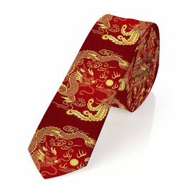 Yakuna Chinese Dragon Men's Tie Golden Red Phoenix Bling Fireball Men's Necktie Ties for Mens Daily Wedding Party Business
