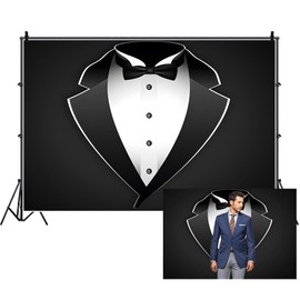 Renaiss 7x5ft Black Gentleman Tuxedo Backdrop Black and White Suit Bow Tie Buttons Man Birthday Dinner Photography Photography for Baby Shower Father's Day Birthday Decor Photo Props