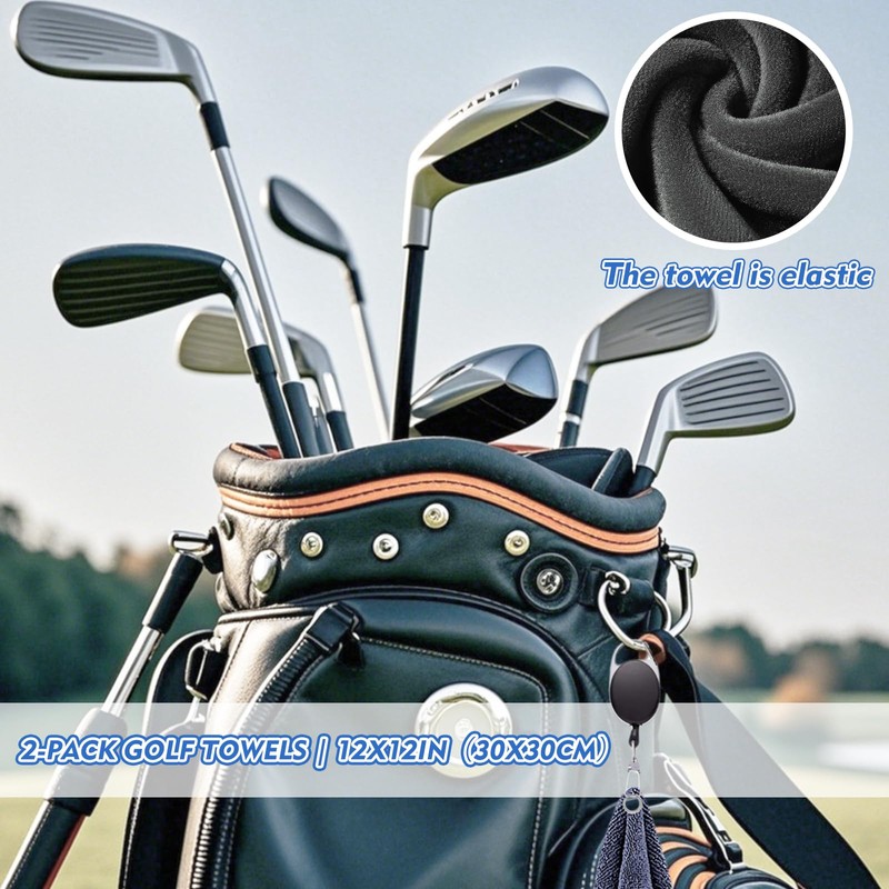Golf Towel 2-Pack with Retractable Hook 12x12in (30x30cm) - Quick-Dry