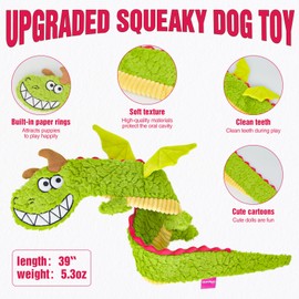 Pawhims Large Squeaky Dog Toys, Interactive Dog Toys for Aggressive Chewers, Dragon Plush Crinkle Dog Toy to Keep Them Busy, Tough Indestructible Dog Toys for Large Medium and Small Dogs,XL (Green)