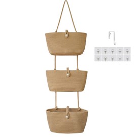 TeoKJ 3-Tier Hanging Baskets for Storage with Pearl Button Strap, Cotton Rope Over the Door Organizer, Wall-Mounted with Hook Decorative Hanging Nursery Baskets, Jute