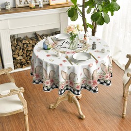 Horaldaily Easter Tablecloth 70x70 Inch Round, Spring Flower Buffalo Plaid Bunny Ear Table Cover for Party Picnic Dinner Decor
