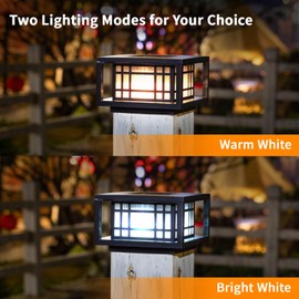 HUYIENO Solar Post Cap Lights Large Outdoor Deck Fence Post Lights 50Lumens Brightness Warm/Bright White Lighing Modes for 4x4 5x5 Vinyl Posts, 4x4 5x5 6x6 Wooden Posts (Black, 2pk)