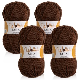 Wollidu Mila Yarn for Crochet and Knitting, 4 x 50 g/133 m, Knitting Yarn, 100% Polyacrylic, Crochet Yarn, Brown