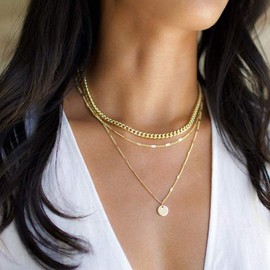 Thick Gold Chain Layered Necklace - 14K Gold Plated Gold Disc Necklace Thick Gold Chain Necklaces for Women Jewelry