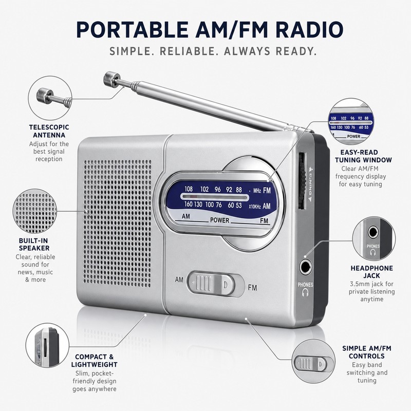 Mini AM/FM Portable Radio – Battery-Operated Pocket Radio with Built-In