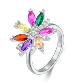 EUSJ Flower Rings for Women 925 Sterling Silver Colored Gemstone Floral Rings for Mother Wife Her, Metal, Cubic Zirconia