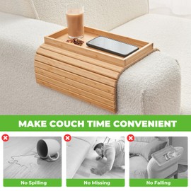 LOVYANXUE Bamboo Sofa Arm Tray Table, Foldable Couch Arm Tray, Anti Falling Sofa Armrest Tray Couch Cup Holder, Portable Couch Arm Table Tray for Drink,Cups, Phone, Snacks, Remote