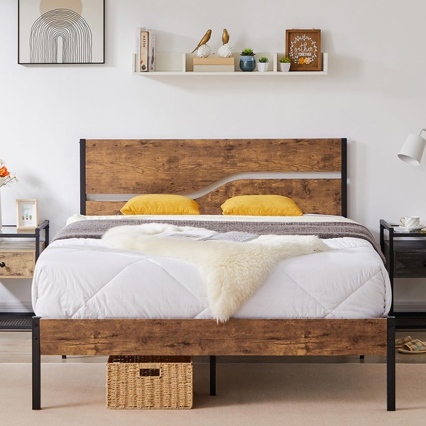 VECELO Platform Bed Frame Queen Size with Rustic Wood Headboard, Strong Metal Slats Support No Box Spring Needed, Easy Assembly