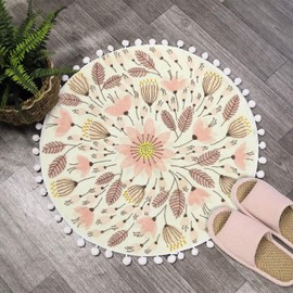 Uphome Small Round Rug 2’ Circle Cute Bath Mat with Pom Poms Fringe Floral Plant Washable Bathroom Rugs Soft Non-Slip Circular Throw Rug Carpet for Shower Sink Powder Room Nursery Bedroom Table, Pink