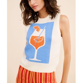 Women Graphic Sweater Vest Y2k Sleeveless Lobster Pullover Top Crew Neck Lightweight Fall Knit Tank Top (Ivory,L)