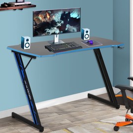 Gmaing Desk 47 inch PC Computer Gaming Workstation w/ Headphone Hook Z Shaped Carbon Fiber Surface Gaming Table Modern Ergonomic PC Gaming Table Home Office Student Writing Desk for Game Players, Blue