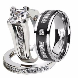 Marimor Jewelry Hers and His Stainless Steel Princess Wedding Ring Set and Titanium Wedding Band Women's Size 08 Men's Size 09