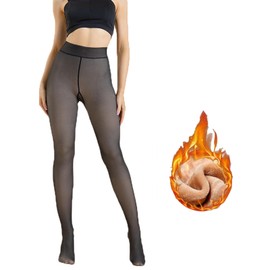 WomaKer Fleece Lined Tights Women Transparent Fleece Tights Winter Warm Fake Transparent, black