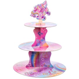Honeydak 3 Tier Roller Skating Party Cupcake Stand Decorations Roller Skate Theme Cupcake Holder Decorations Let's Roll Dessert Tower for Kids Hip Hop Disco 80s 90s Theme Party Birthday Supplies