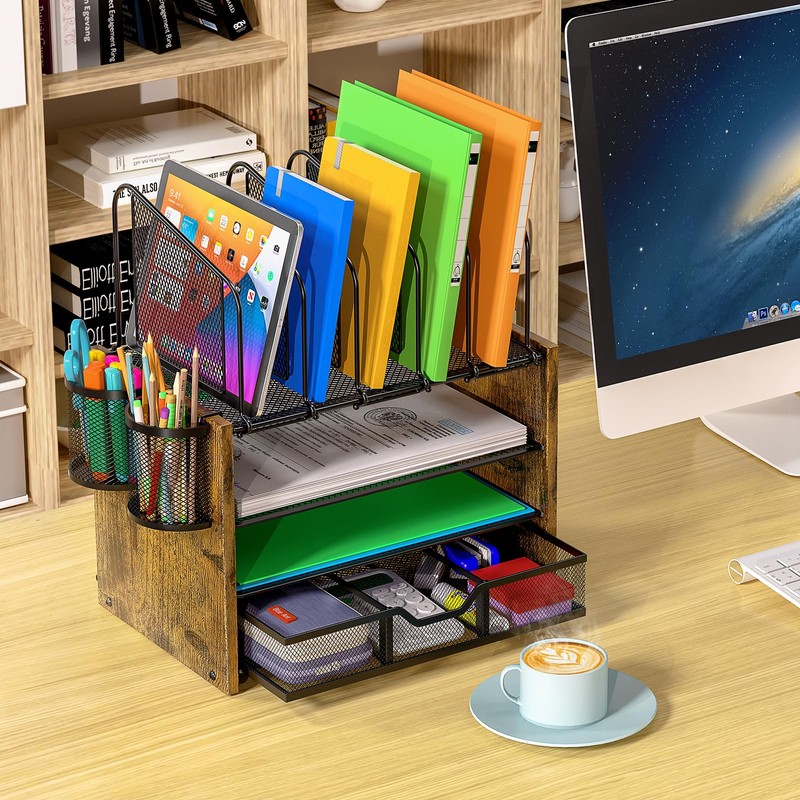 4-Tier Mesh Desk Organizer, Wooden Desk File Organizer with 5