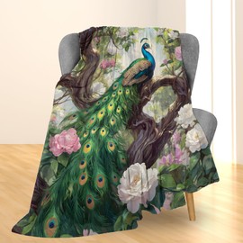 Ti Caldi Hand Drawn Peacock Blanket, Soft Lightweight Pretty Peacock Flannel Throw Blanket for Couch, Bed, Travel & Home Decor, Fuzzy Cozy Warm Blankets for Adults Kids Women Men 60×50 in