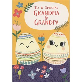Designer Greetings Two Smiley Faced Eggs Decorated with Dashes and Gold Foil Circles and Triangles Juvenile Easter Card for Grandma and Grandpa (Grandparents)