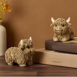 Resin Highland Cow Figurine - Highlander Cow Ornaments - Animals Table Sculpture Decoration - Brown#2-A